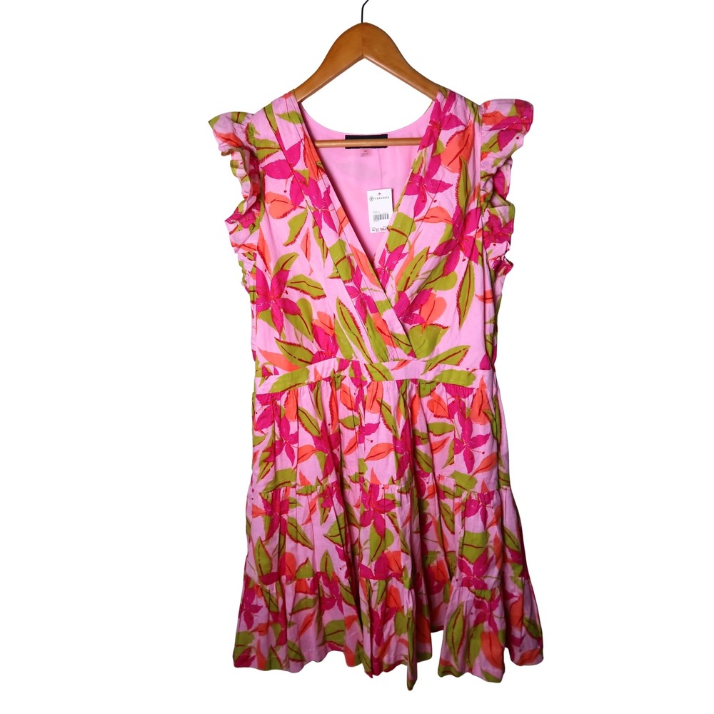 Versona Pink Floral Ruffle Sleeve Tiered Mini Dress Size 10 NWT Tropical Summer